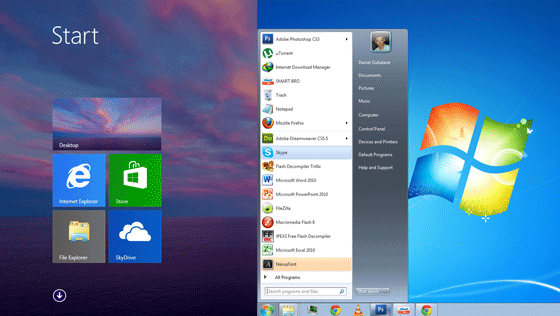 Side By Side Comparison of Windows 8.1 Start Menu and Windows 7 Start Menu