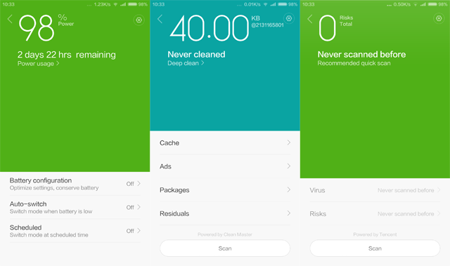 MIUI V6 Screenshot of Power Saver, Virus Scanner and Clean Master