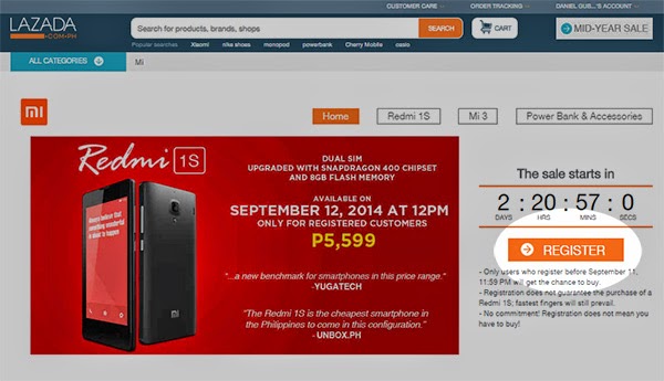 Lazada register for Redmi 1S sale