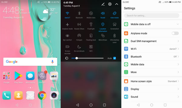 Home screen and Settings of the Honor v9.