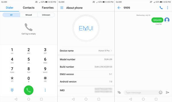 Phone, Update and Messenger interface of the Honor v9.