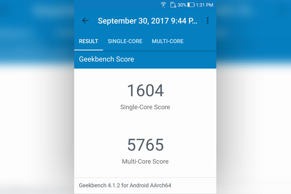Geekbench score of the ASUS Zenfone 4 smartphone.