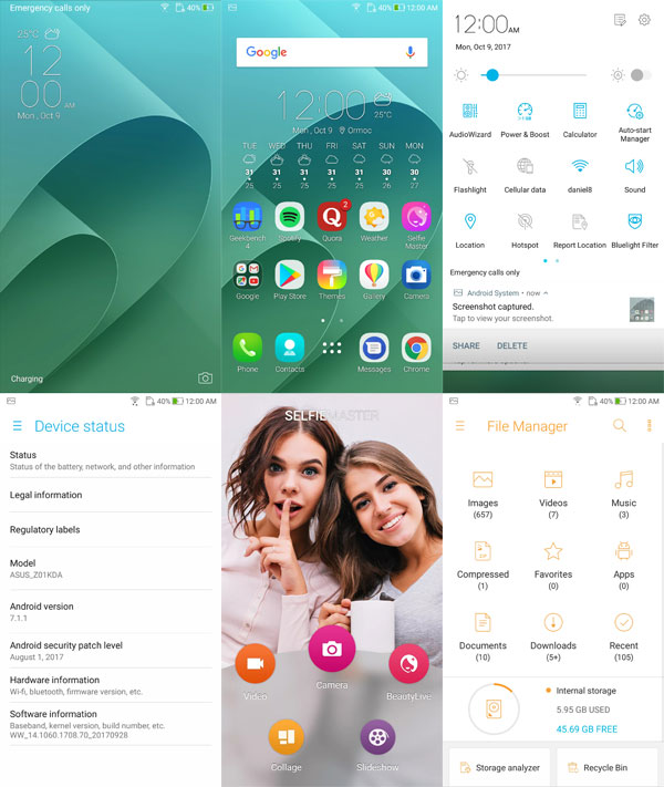 Screenshots of the ASUS Zenfone 4 user interface.