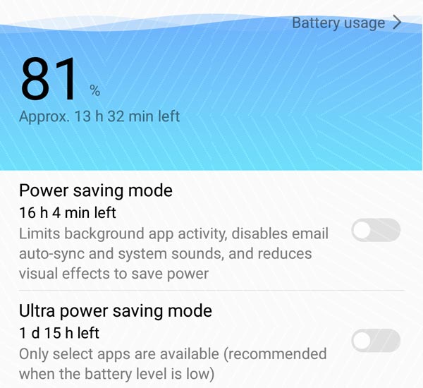 Battery saving modes of the Huawei Nova 2i.