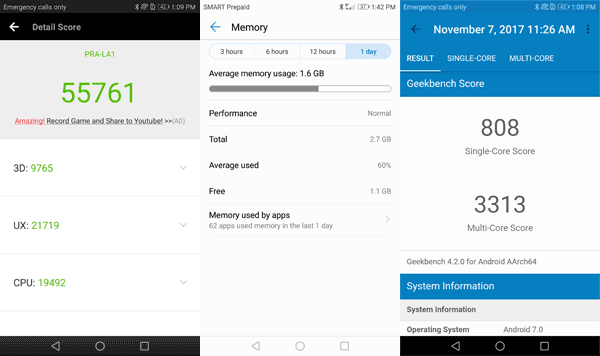 Benchmark scores and RAM status of the Huawei GR3 2017.