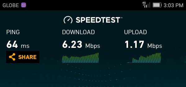 Speedtest result of the Huawei MediaPad T2 7.0 on Globe's 4G LTE network.