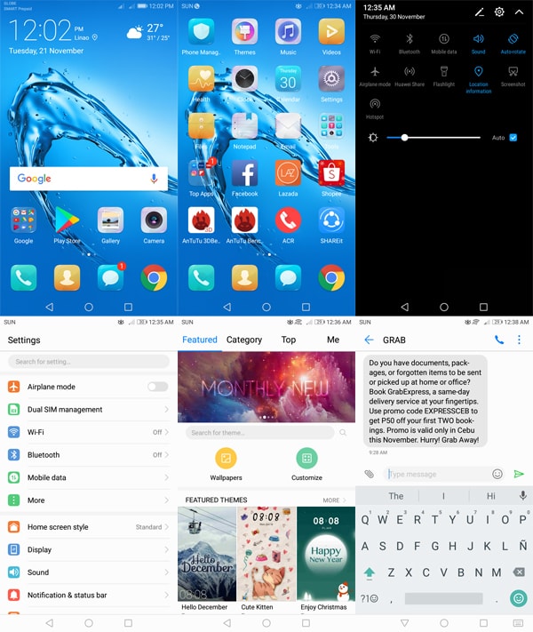 Left to right: Home screen, apps, shortcuts, Settings, Themes and SMS.