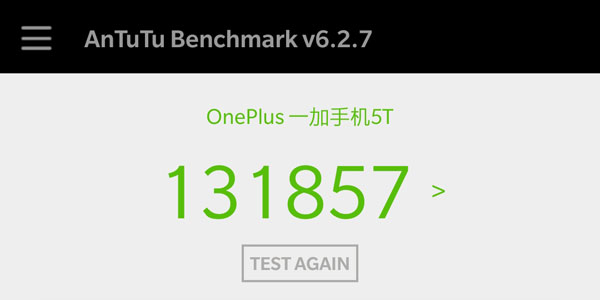 Antutu benchmark score of the OnePlus 5T.
