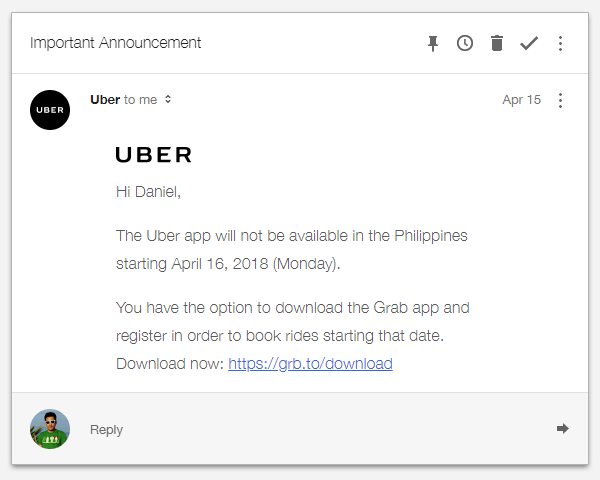 Uber's email to its users.