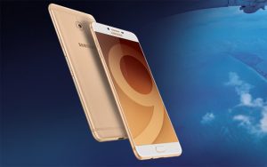 The Samsung Galaxy C9 pro smartphone in gold.