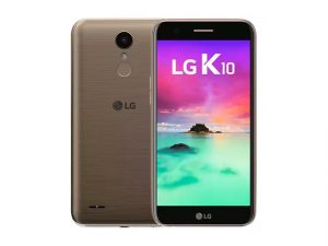 The LG K10 2017 smartphone in gold.