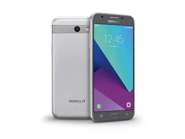 The Samsung Galaxy J3 2017 smartphone in silver.