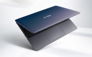 The ASUS VivoBook E12 in blue.