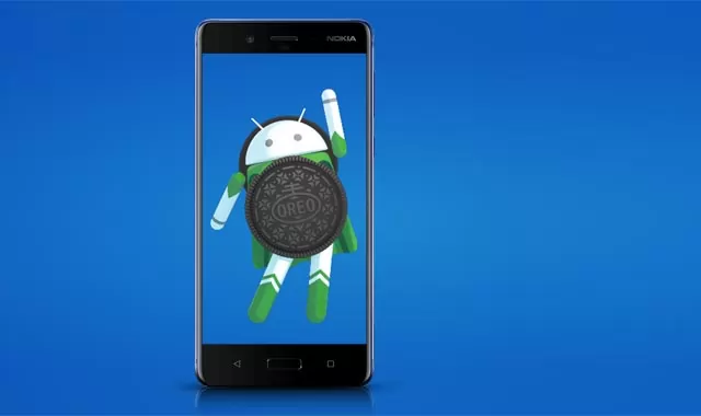 Nokia 8 smartphone with the Android 8.0 Oreo logo.