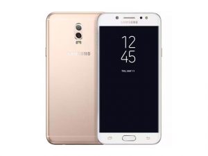 The Samsung Galaxy J7+ smartphone in gold.