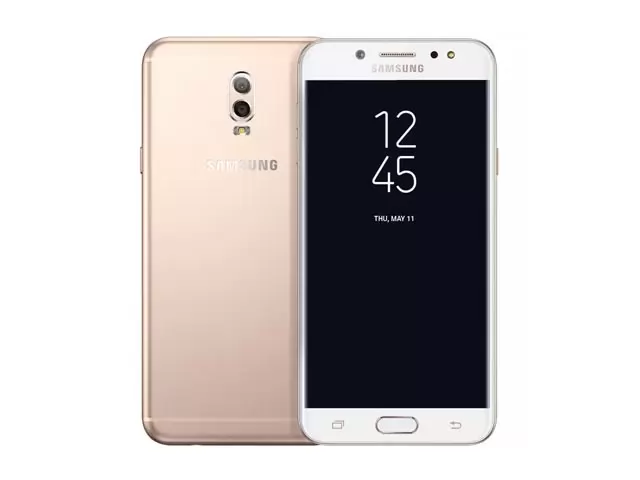 The Samsung Galaxy J7+ smartphone in gold.