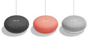 The Google Home Mini in three colors.