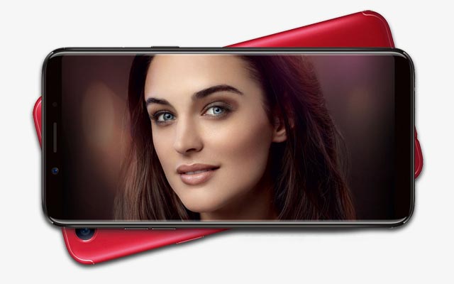 The OPPO F5 smartphone in a stunning red color.