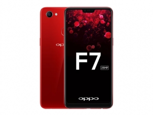 The OPPO F7 smartphone in red.