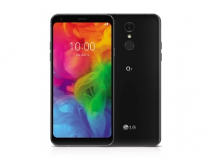The LG Q7 smartphone in black.