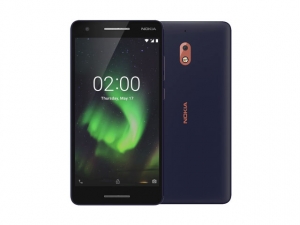 The Nokia 2.1 smartphone in blue with copper trim.