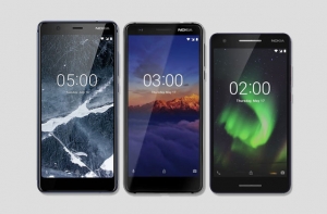 (Left to right) The Nokia 5.1, Nokia 3.1 and Nokia 2.1 smartphones.