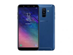 The Samsung Galaxy A6+ smartphone in blue.