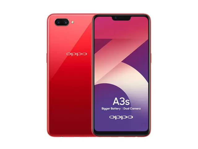 The OPPO A3s smartphone in red.