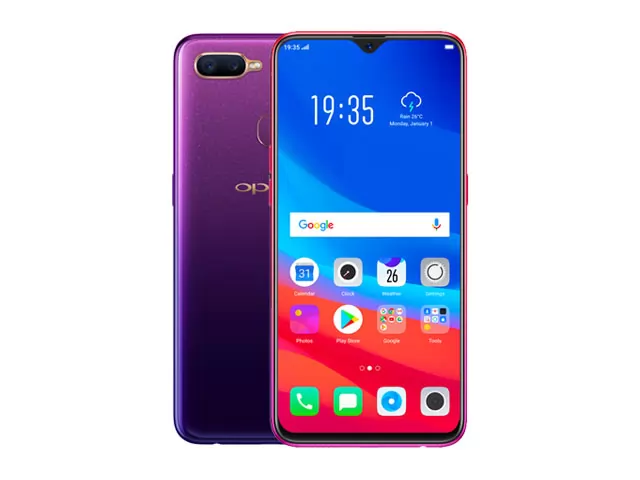 The OPPO F9 smartphone in starry purple and sunrise red.