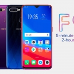 The OPPO F9 in three colors - starry purple, twilight blue and sunrise red.