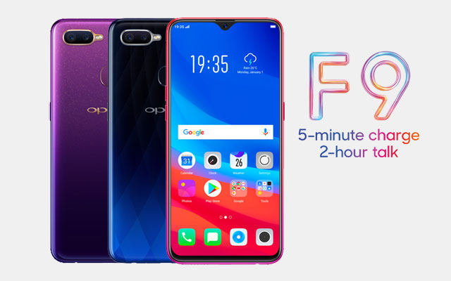 The OPPO F9 in three colors - starry purple, twilight blue and sunrise red.
