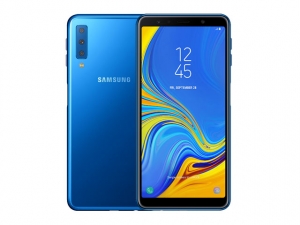 The Samsung Galaxy A7 2018 smartphone in blue color.