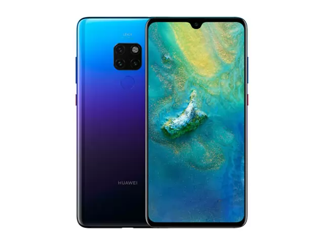 The Huawei Mate 20 smartphone in twilight color.