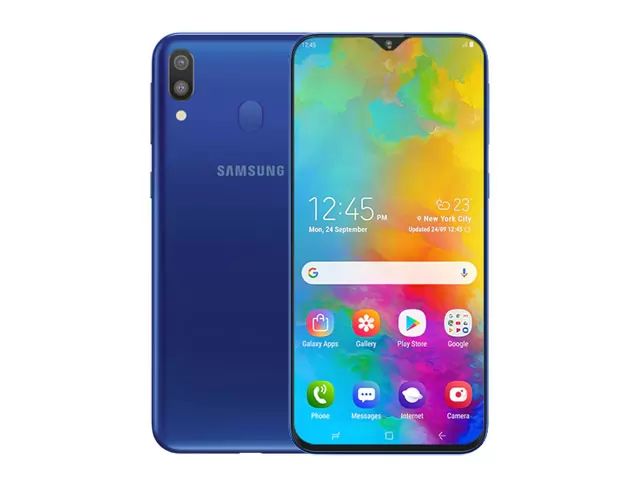 The Samsung Galaxy M20 smartphone in blue.