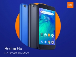 The Redmi Go smartphone in black and blue color choices.