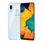 The Samsung Galaxy A30 smartphone in white