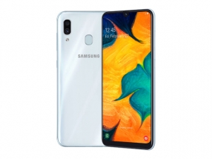 The Samsung Galaxy A30 smartphone in white