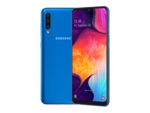 The Samsung Galaxy A50 smartphone in blue color.