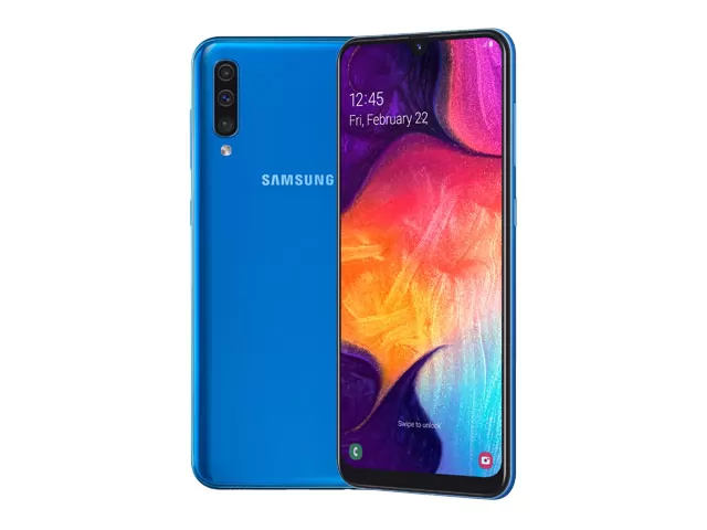 The Samsung Galaxy A50 smartphone in blue color.