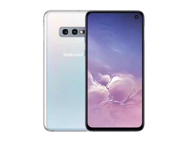 The Samsung Galaxy S10e smartphone in white color.