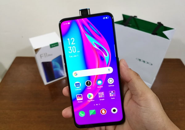 The OPPO F11 Pro smartphone with its selfie camera.