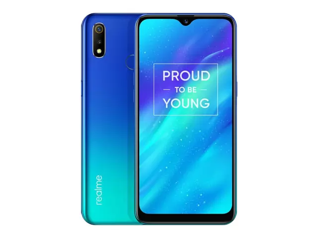 The Realme 3 smartphone in Radiant Blue color.