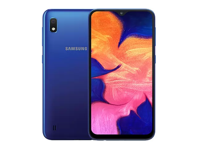 The Samsung Galaxy A10 smartphone in blue.