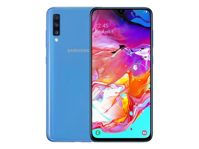 The Samsung Galaxy A70 smartphone in blue.