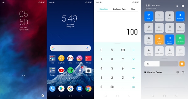 Screenshots of the Realme 3's user interface.