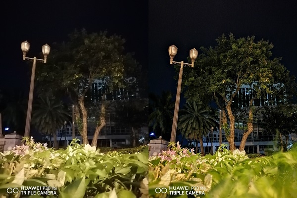 Huawei P30 Lite sample picture with no night mode (left) and with night mode (right).