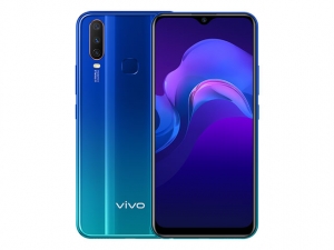 The Vivo Y15 smartphone in aqua blue color.