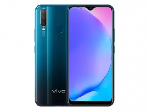 The Vivo Y17 smartphone in mineral blue color.