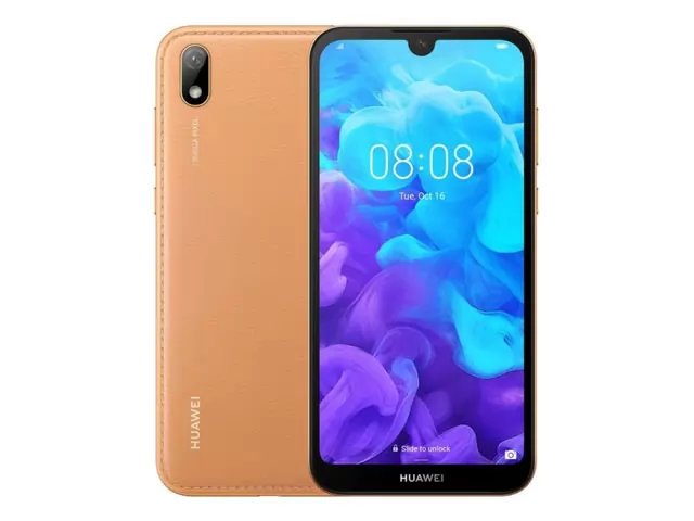 The Huawei Y5 2019 smartphone in amber brown color.