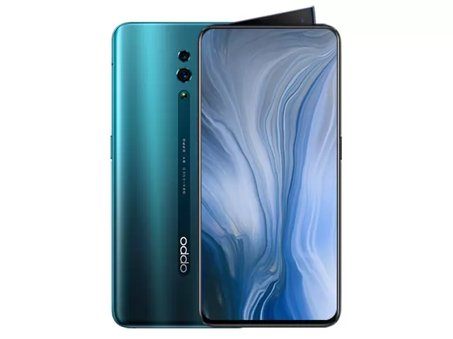 The OPPO Reno smartphone in Ocean Green color.